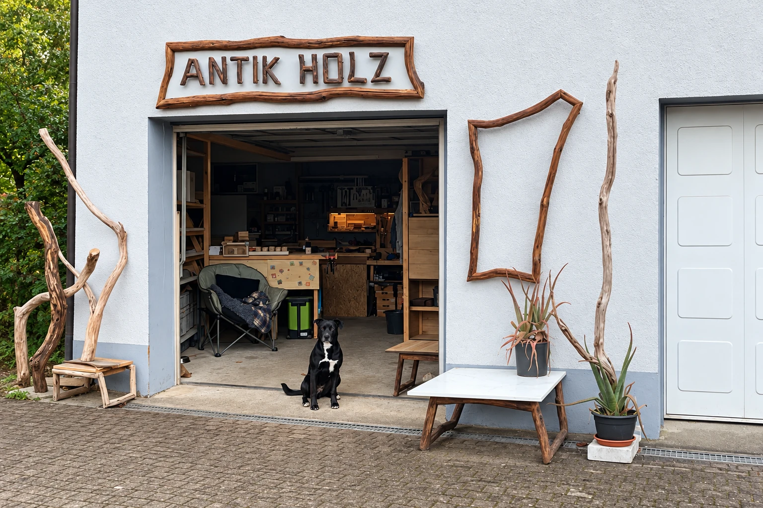 Unser Werkstatteingang mit dem Holzschild ANTIK HOLZ und dem Hund vor der offenen Tür