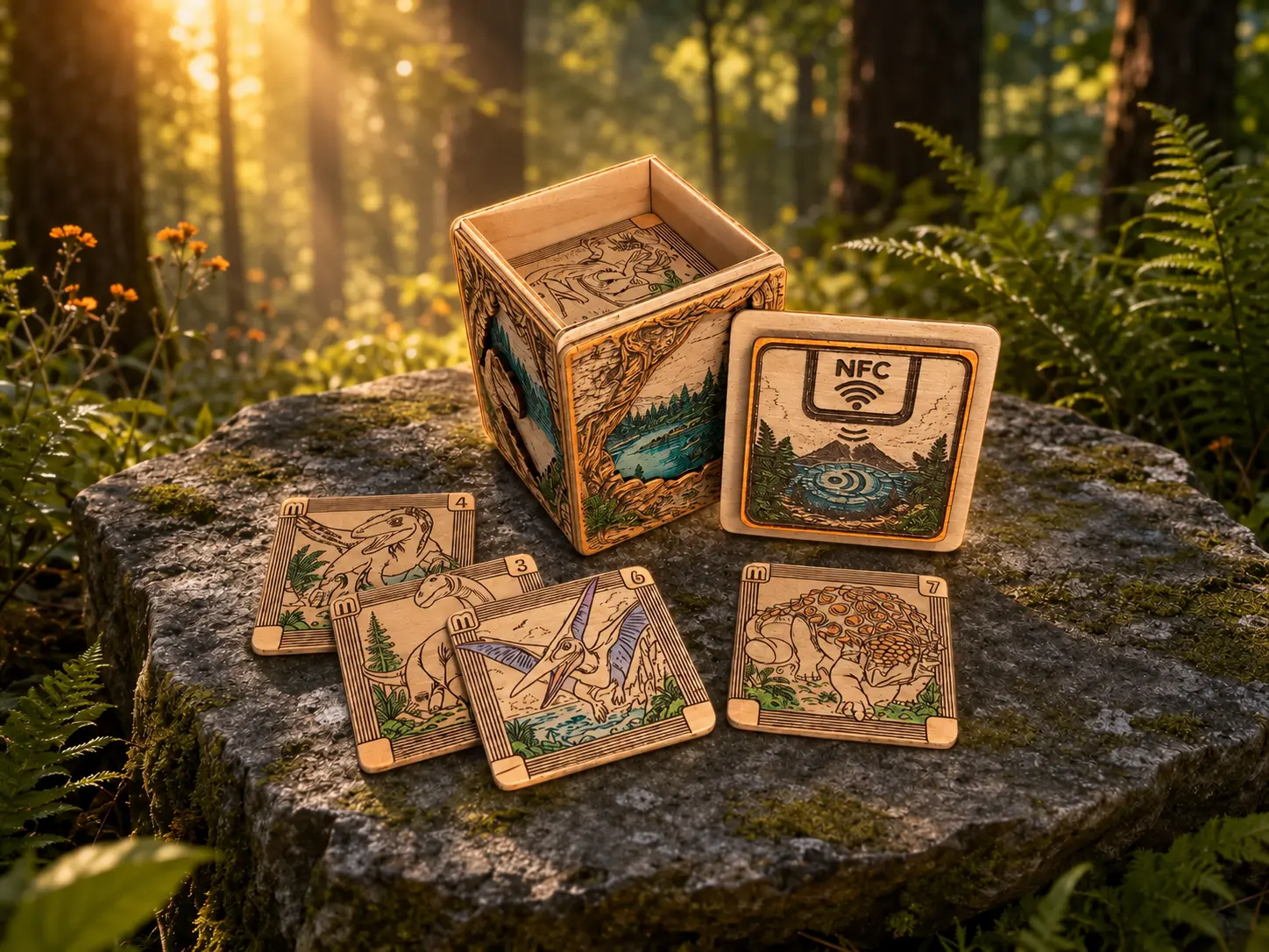 Wunderwürfel und bemalte Dinosaurier-Plättchen in einer grünen Waldlandschaft